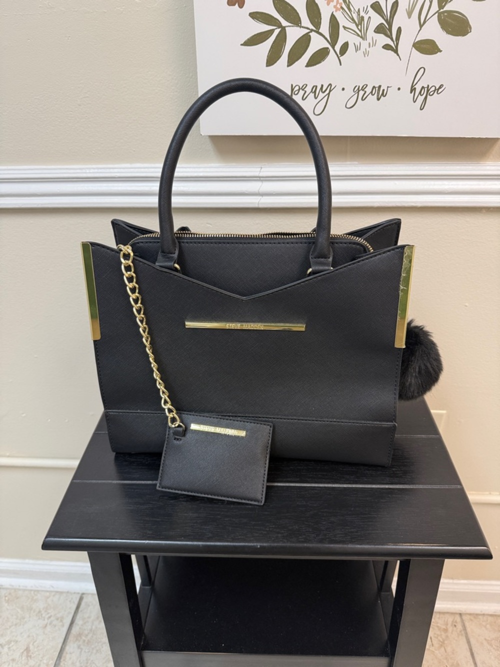Steve Madden Black Structured Tote Bag with Gold Accents